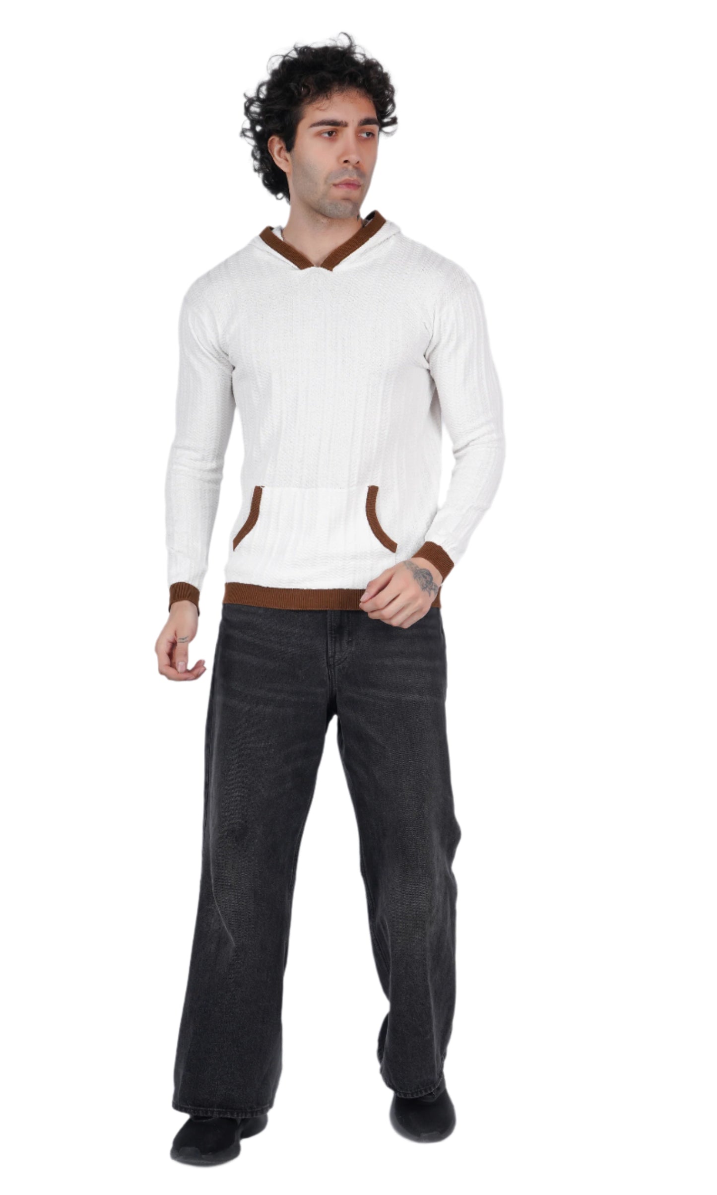 White Brown Knitted Hoodie
