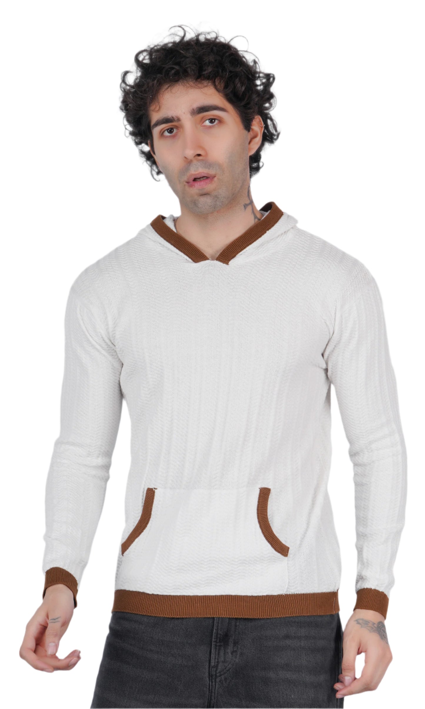 White Brown Knitted Hoodie