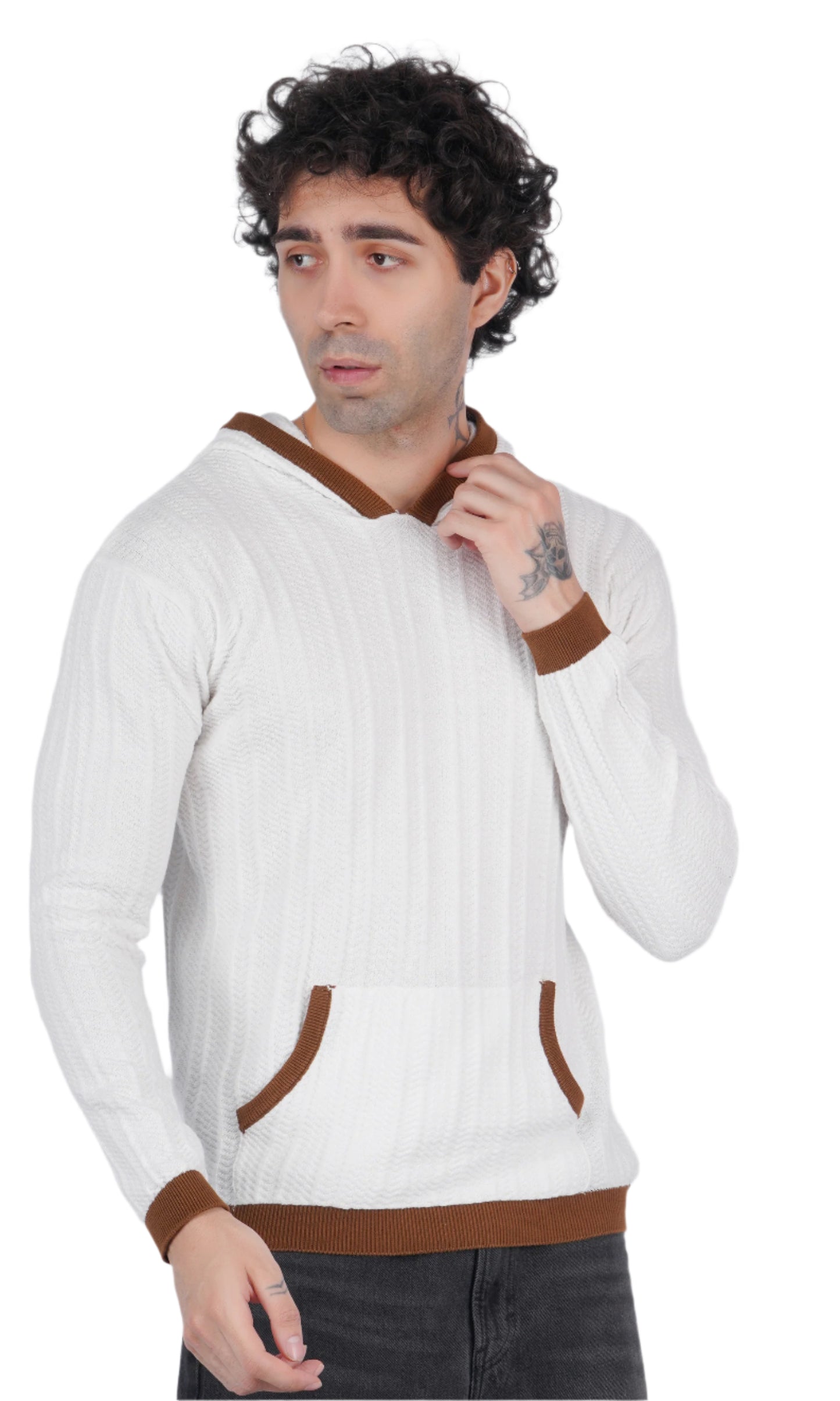 White Brown Knitted Hoodie