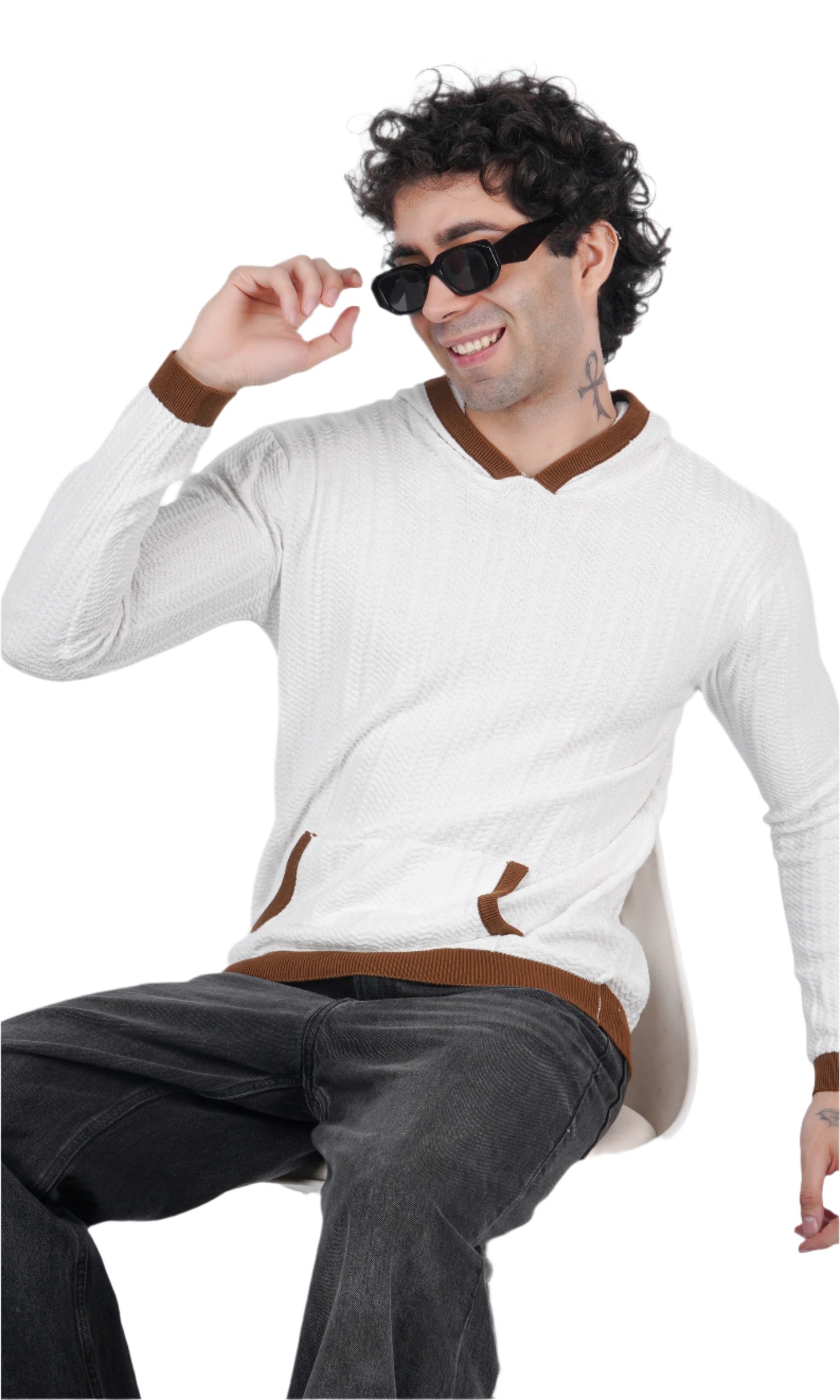 White Brown Knitted Hoodie