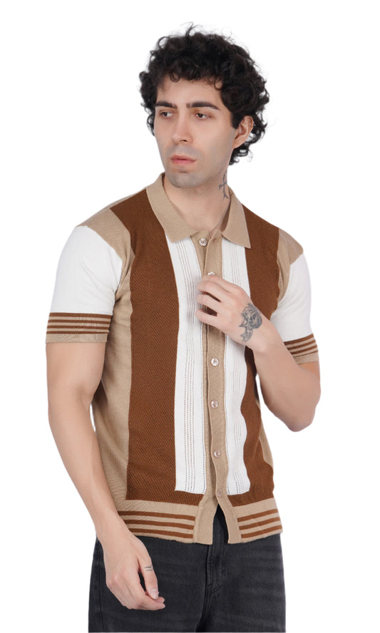 Beige and Brown Half Sleeve Knitted Shirt