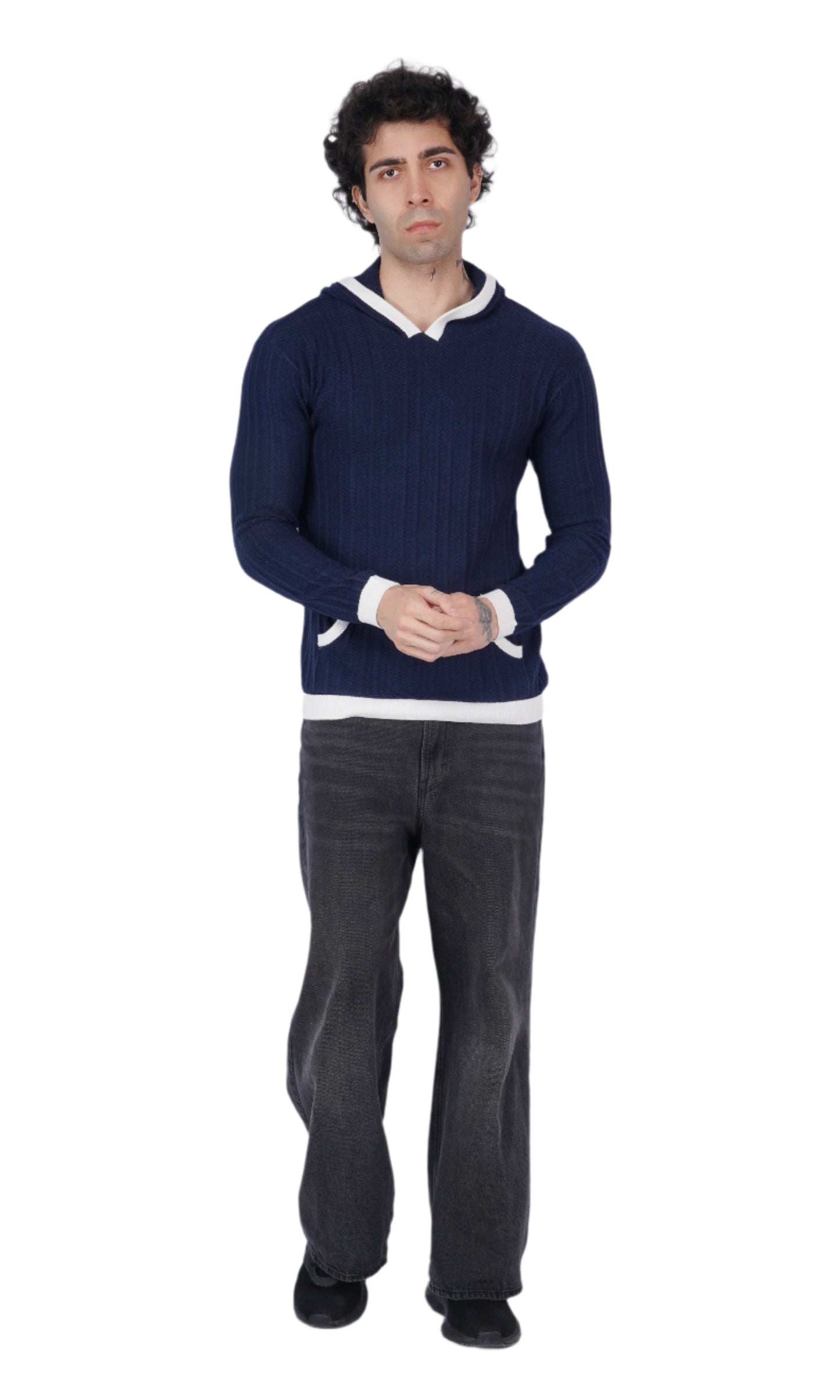 Navy Blue and White Knitted Hoodie