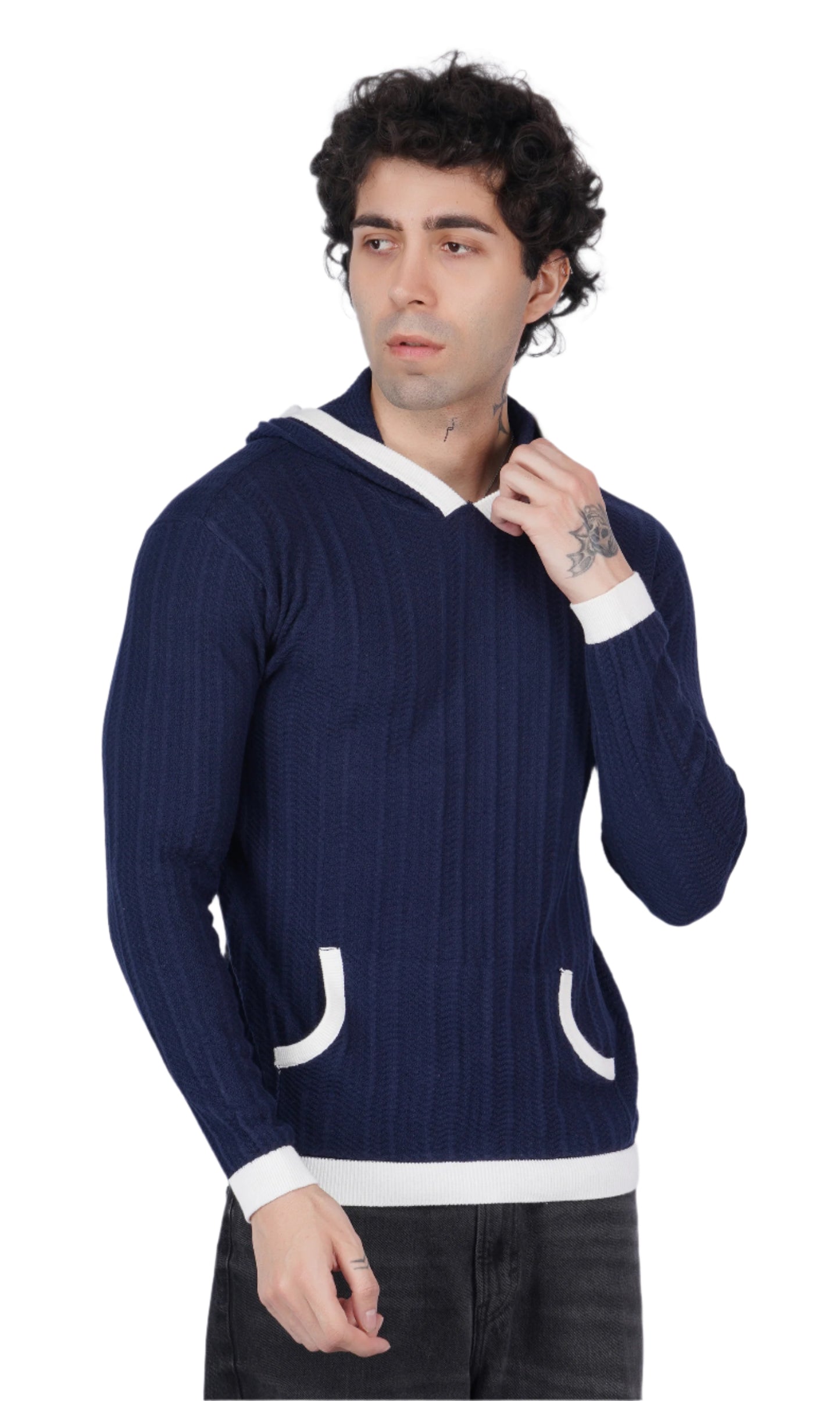 Navy Blue and White Knitted Hoodie