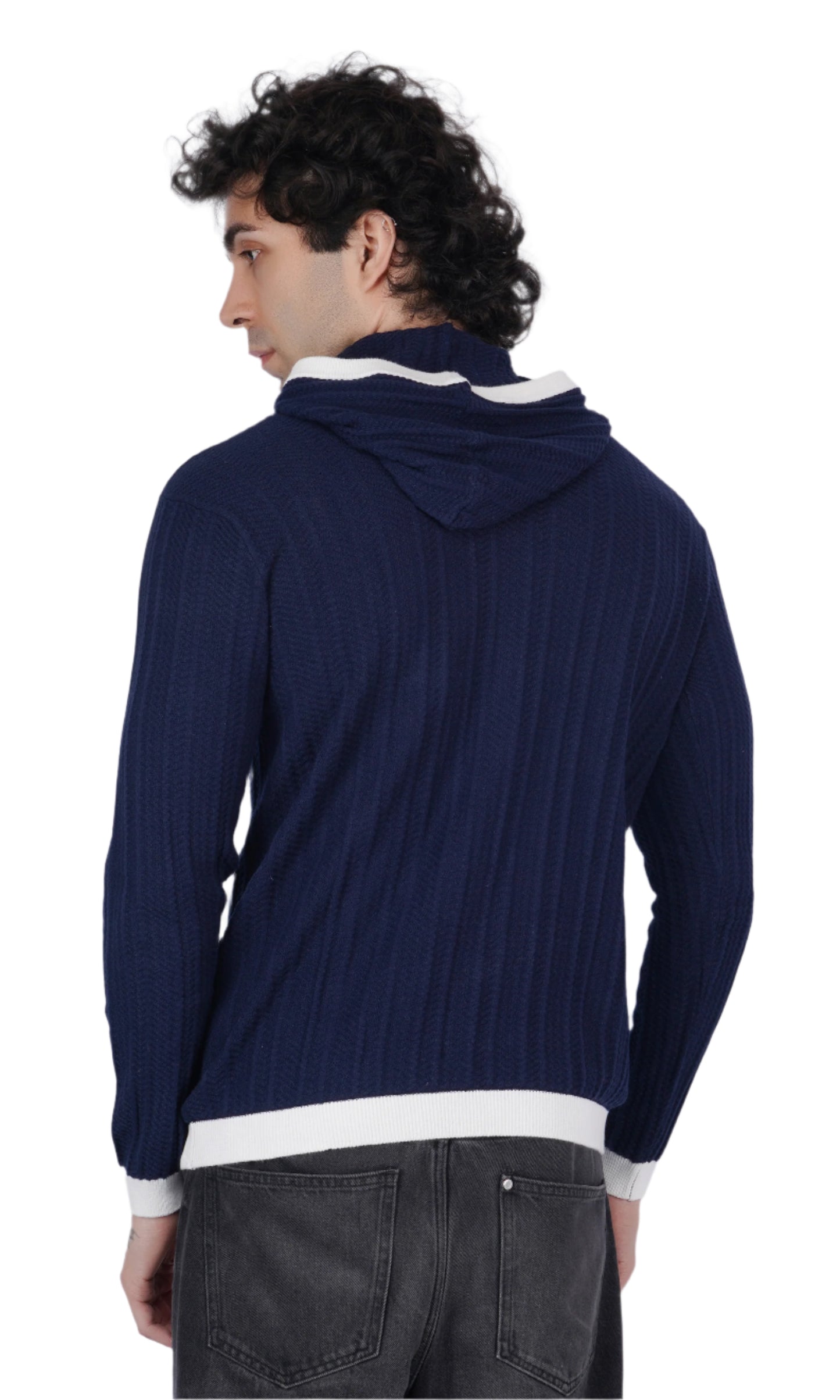 Navy Blue and White Knitted Hoodie
