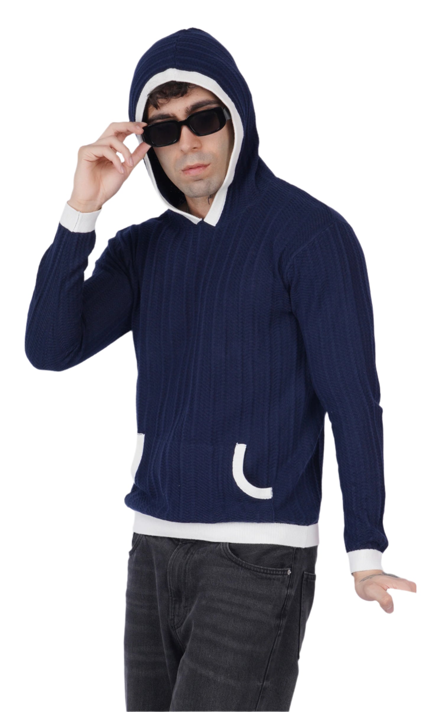 Navy Blue and White Knitted Hoodie