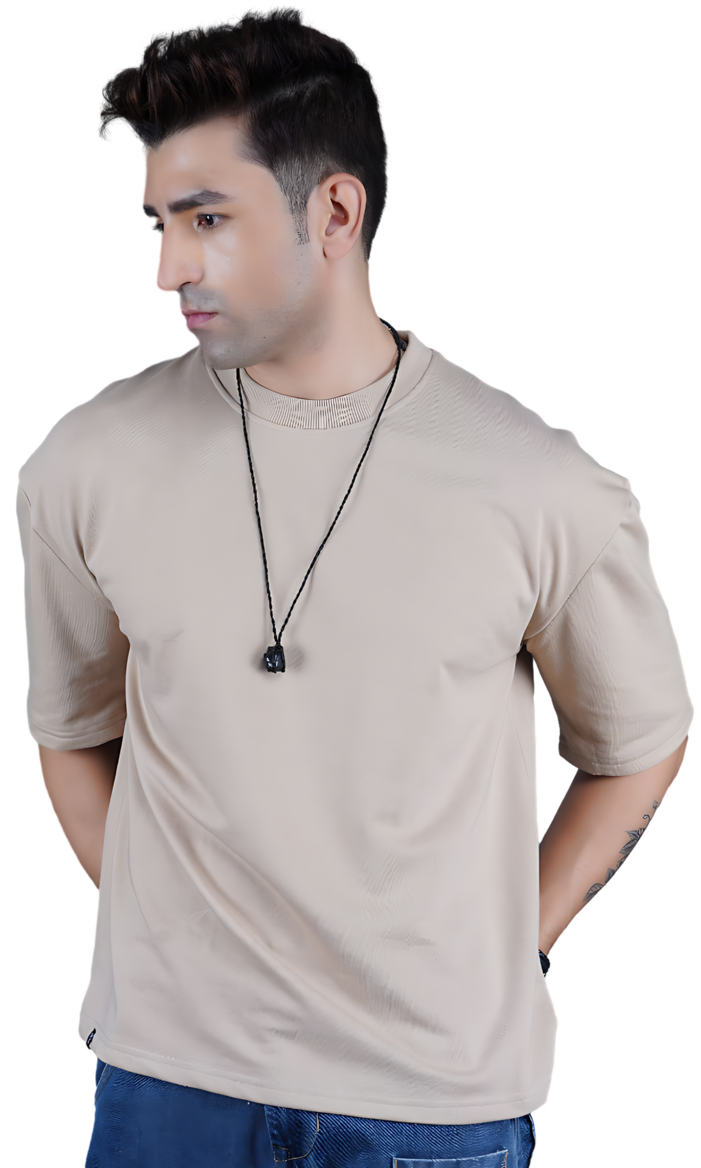 Beige Down Shoulder T-shirt