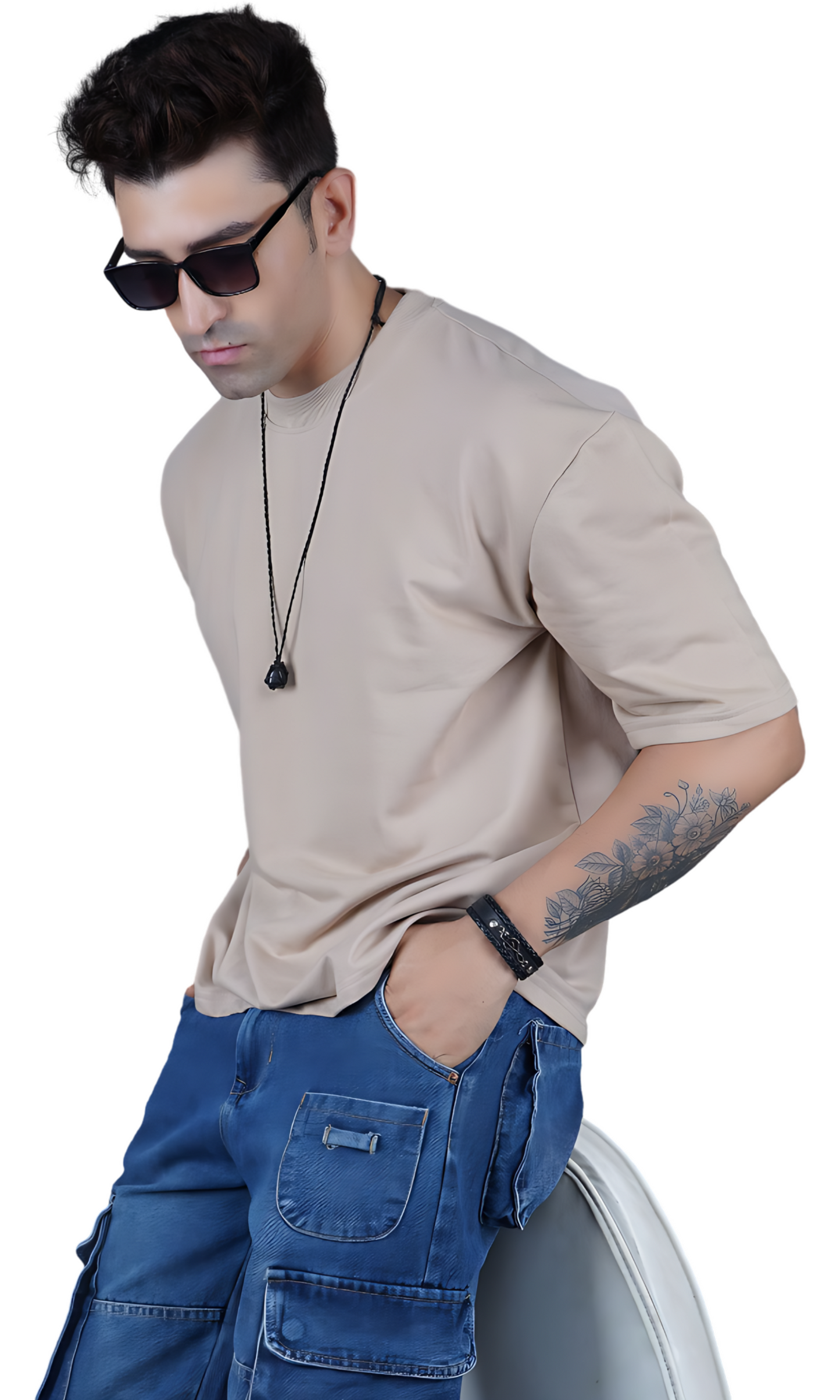 Beige Down Shoulder T-shirt