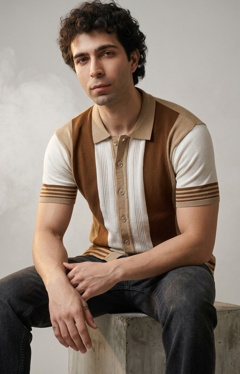 Beige and Brown Half Sleeve Knitted Shirt