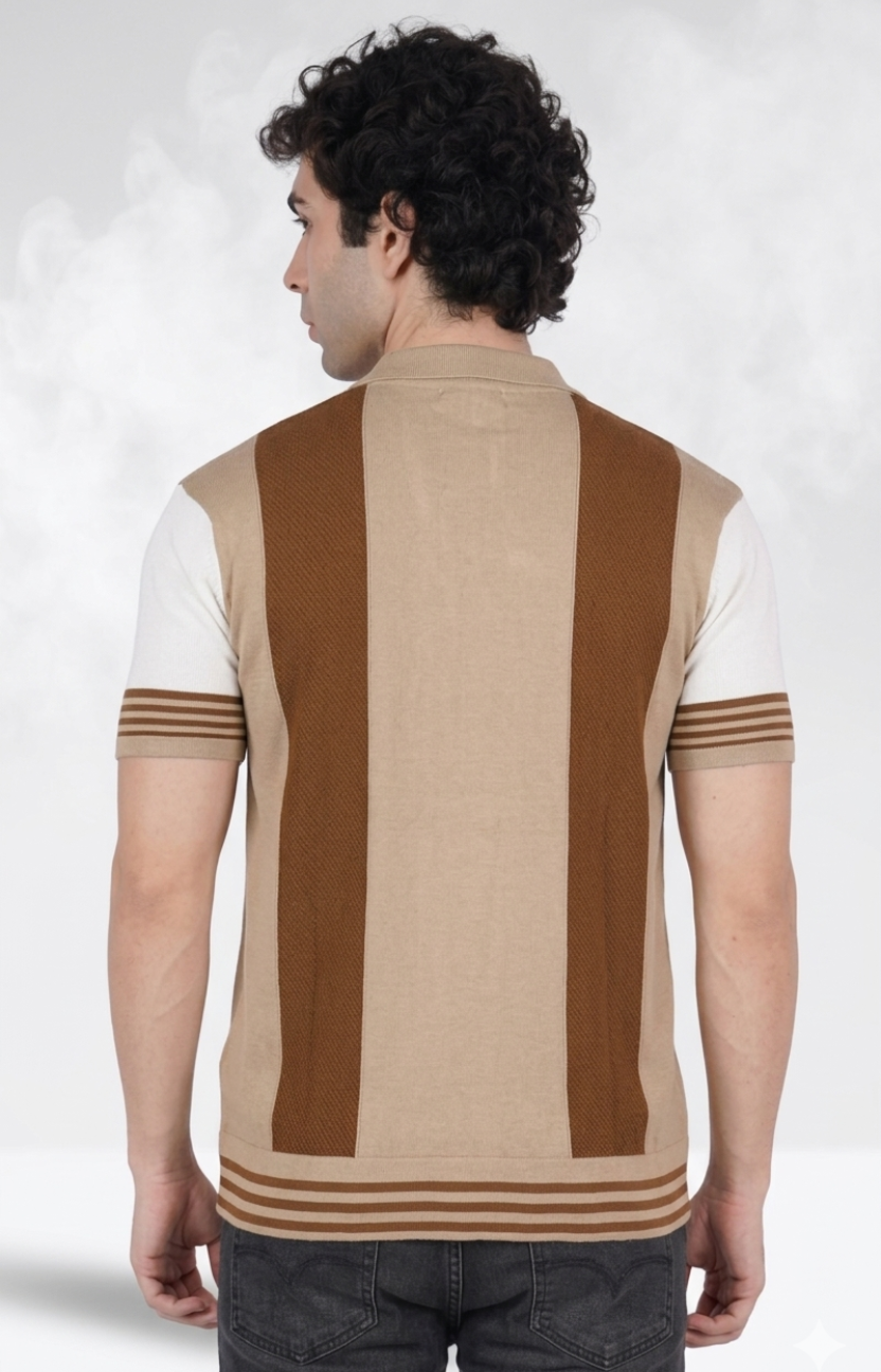 Beige and Brown Half Sleeve Knitted Shirt