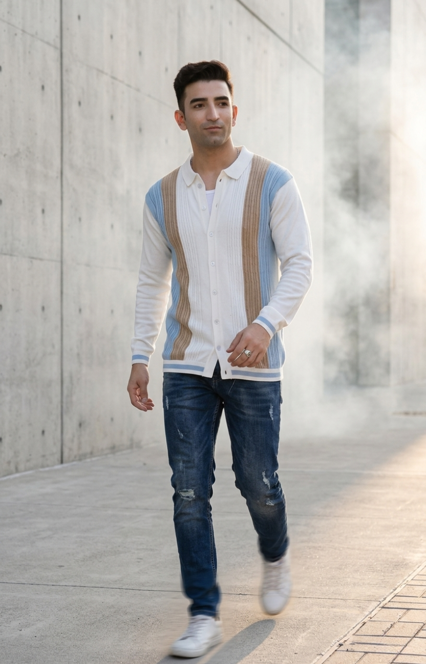 Stripes on White Knitted Shirt