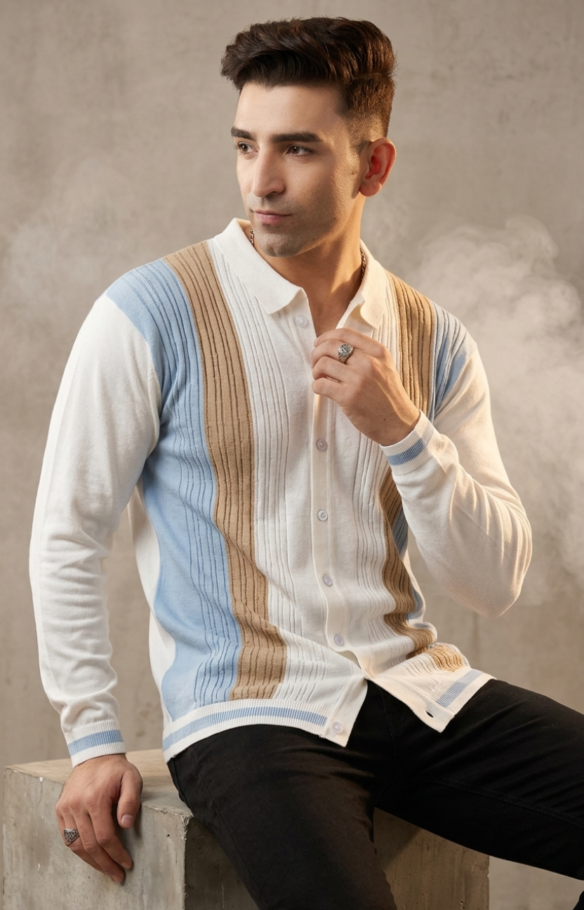 Stripes on White Knitted Shirt