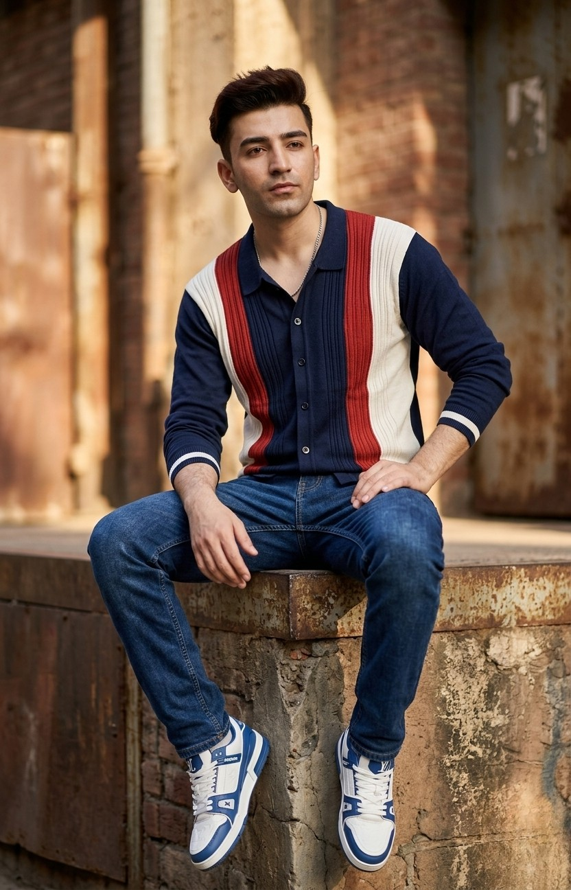 Navy Blue and Stripes Knitted Shirt