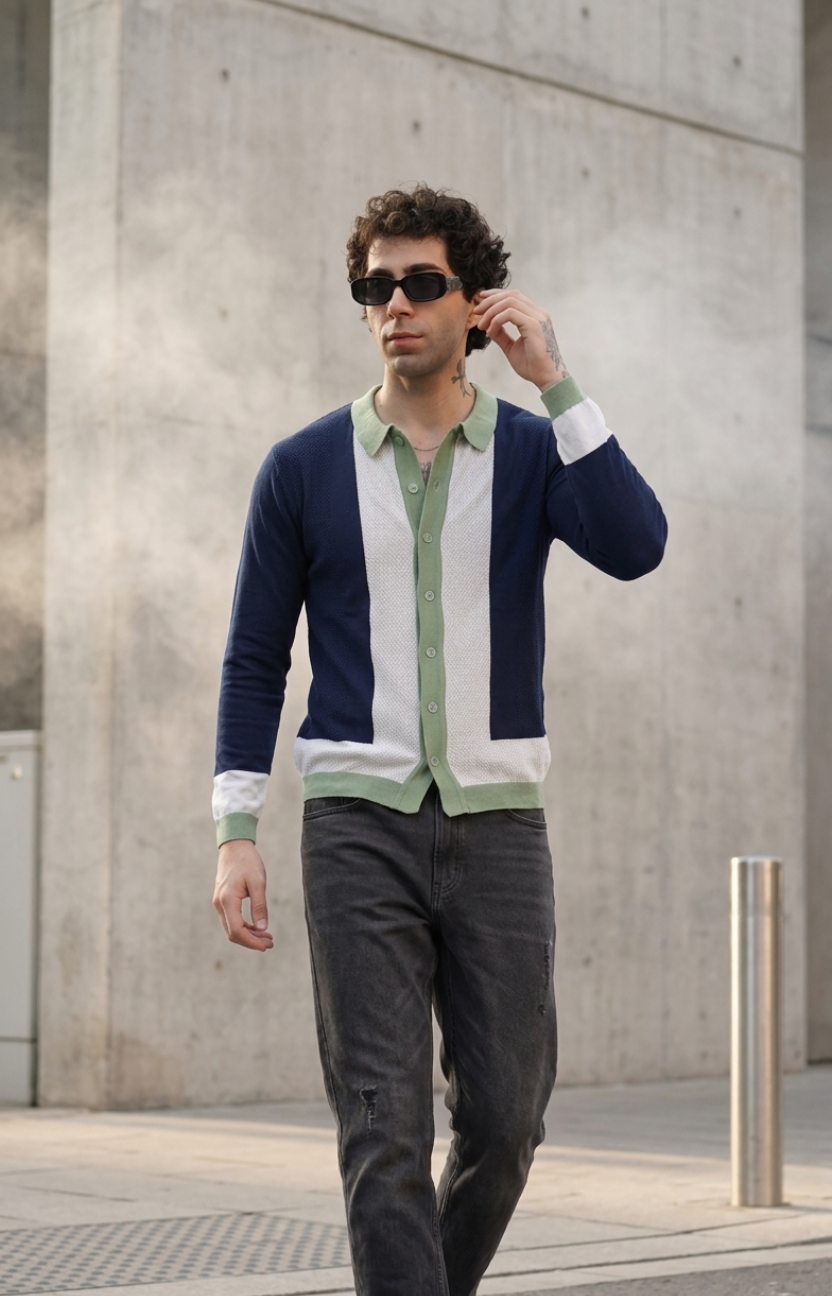 Navy Blue and White Knitted Shirt