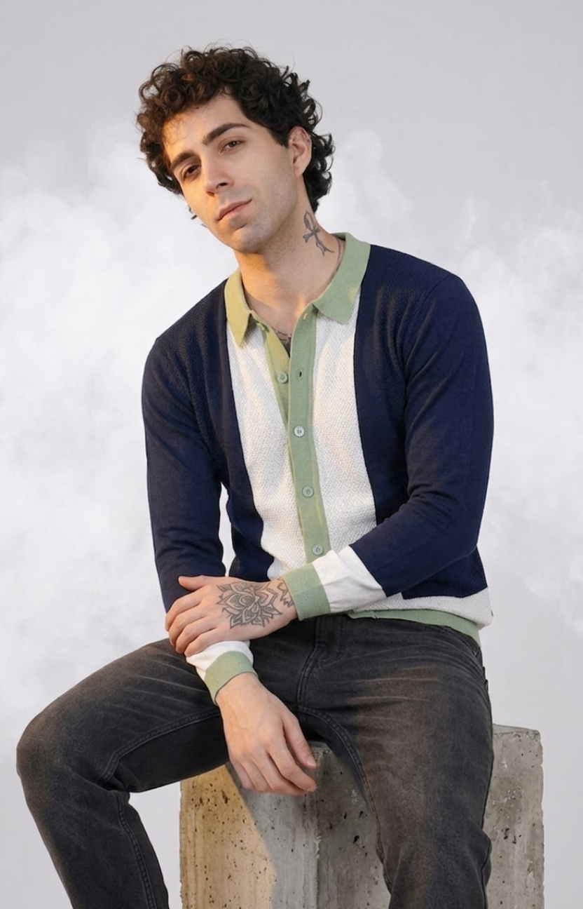 Navy Blue and White Knitted Shirt