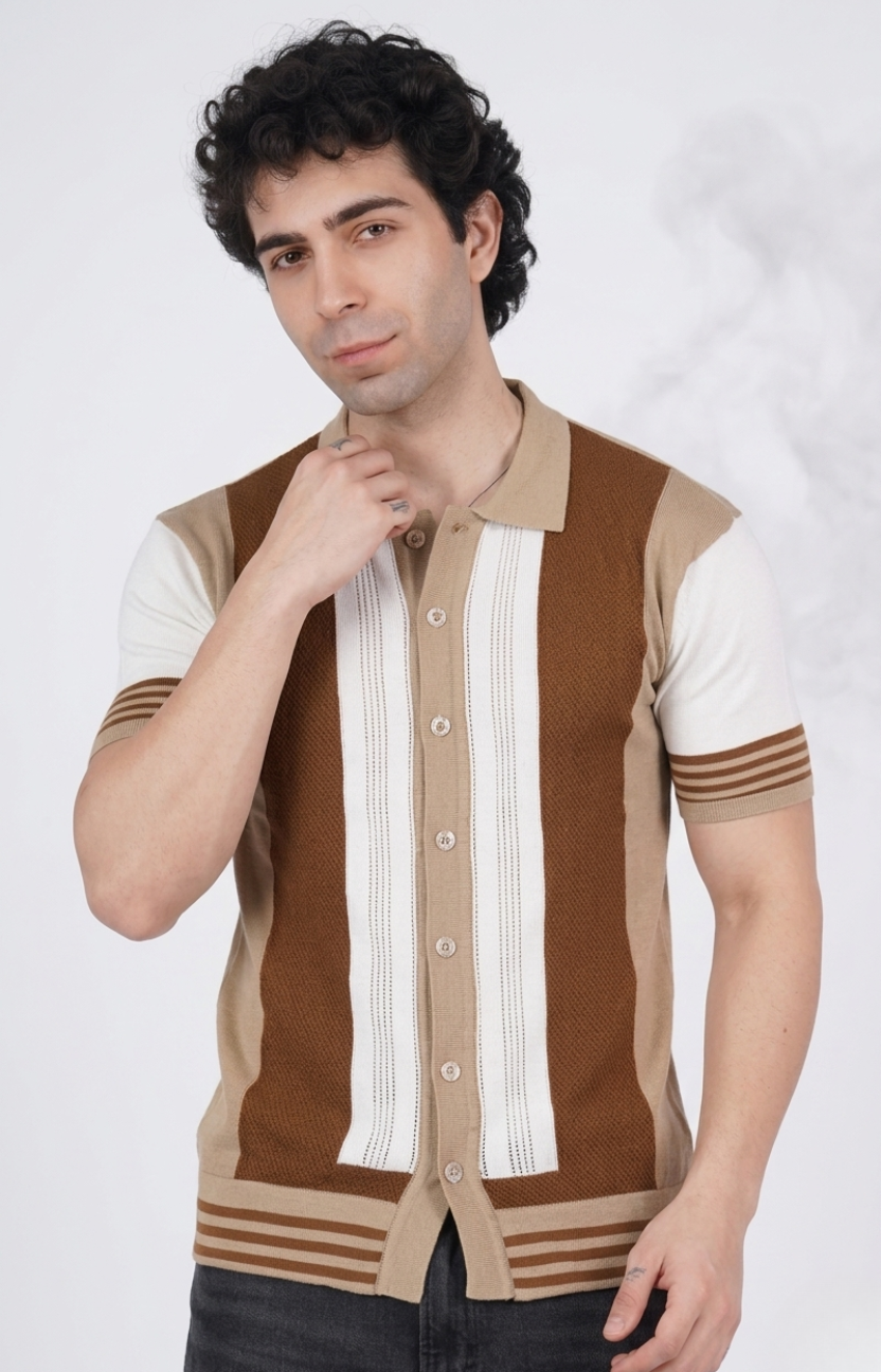 Beige and Brown Half Sleeve Knitted Shirt