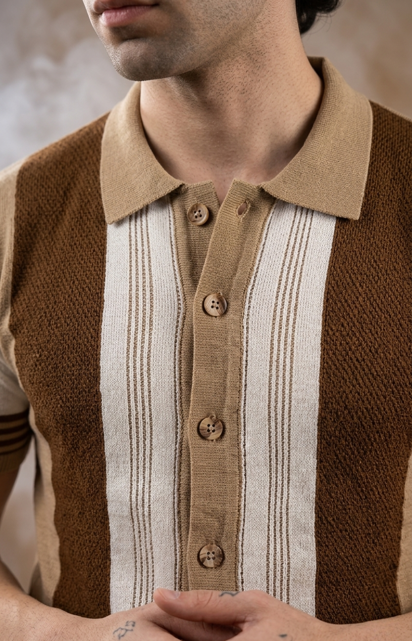 Beige and Brown Half Sleeve Knitted Shirt