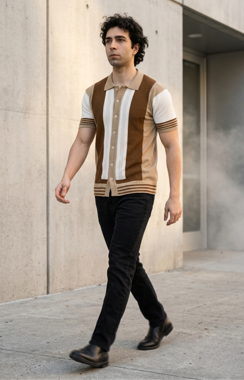Beige and Brown Half Sleeve Knitted Shirt