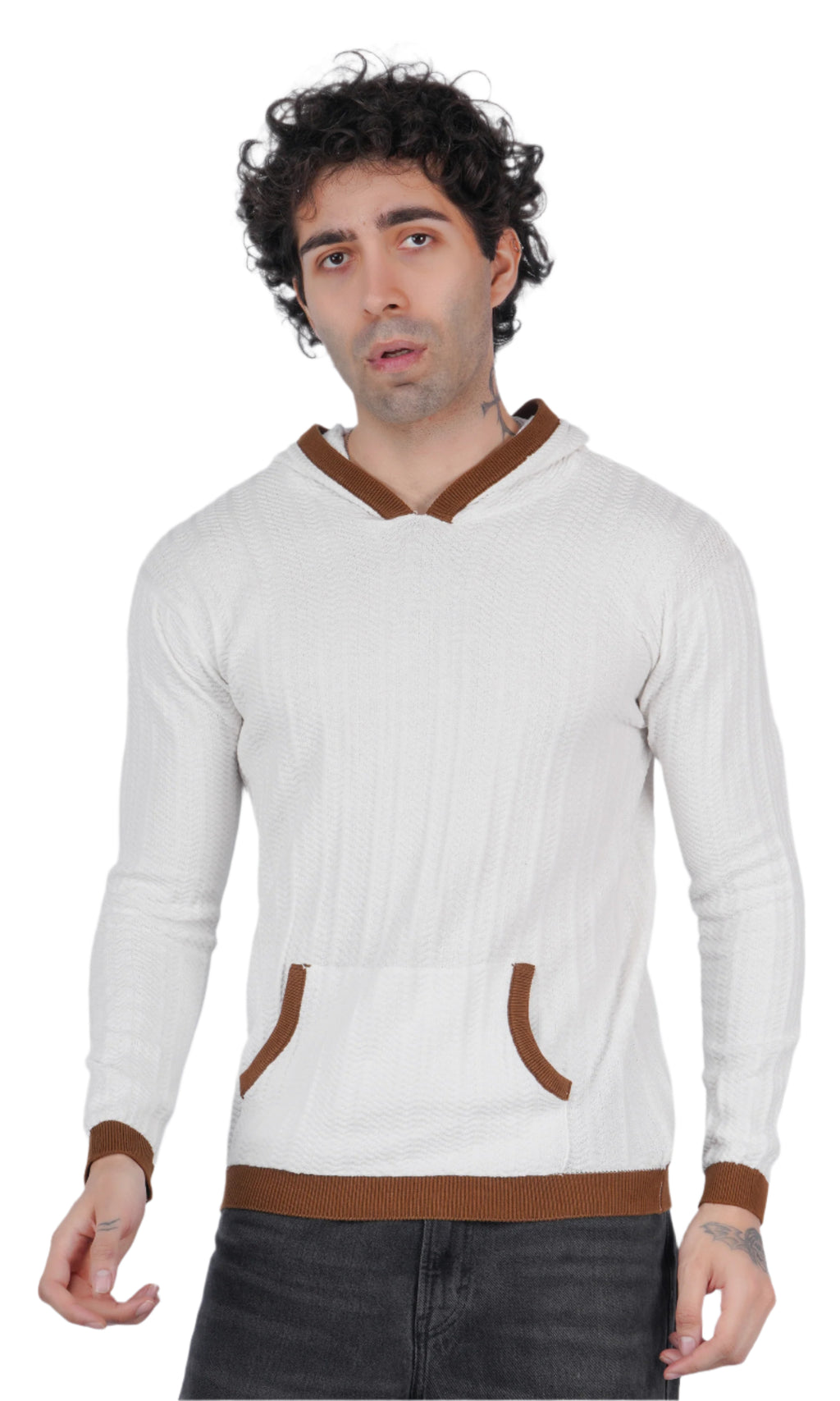 White Brown Knitted Hoodie