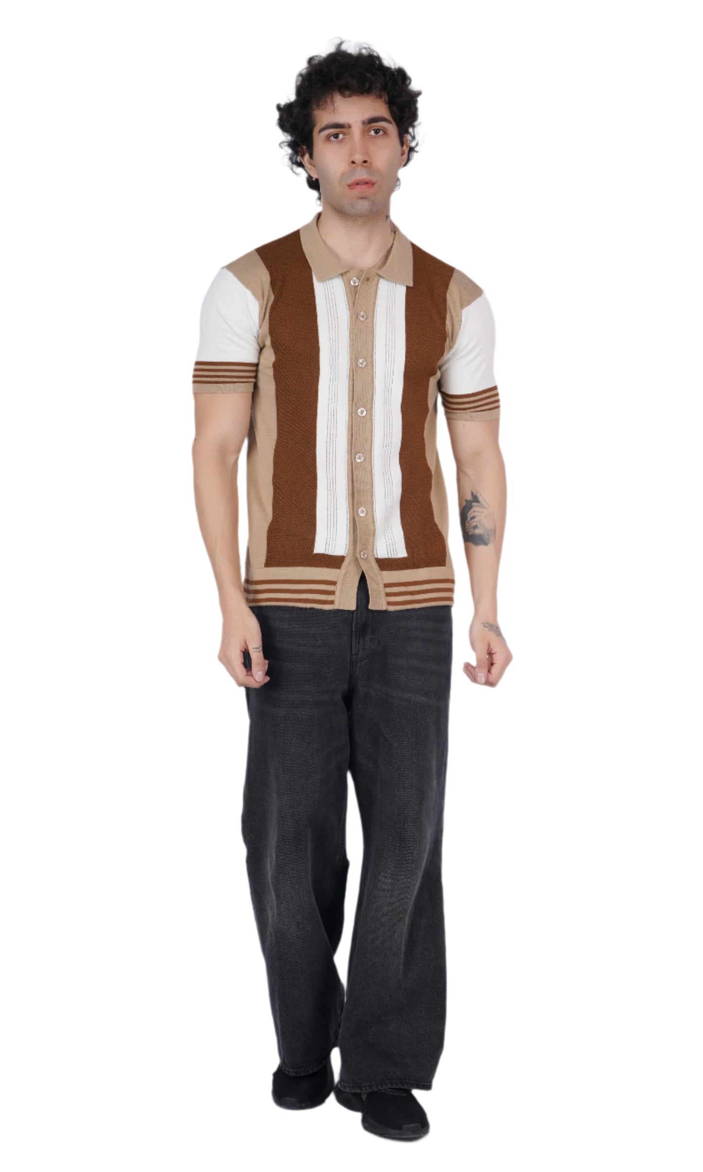 Beige and Brown Half Sleeve Knitted Shirt