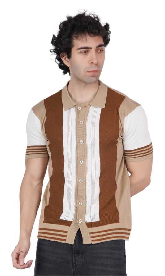 Beige and Brown Half Sleeve Knitted Shirt
