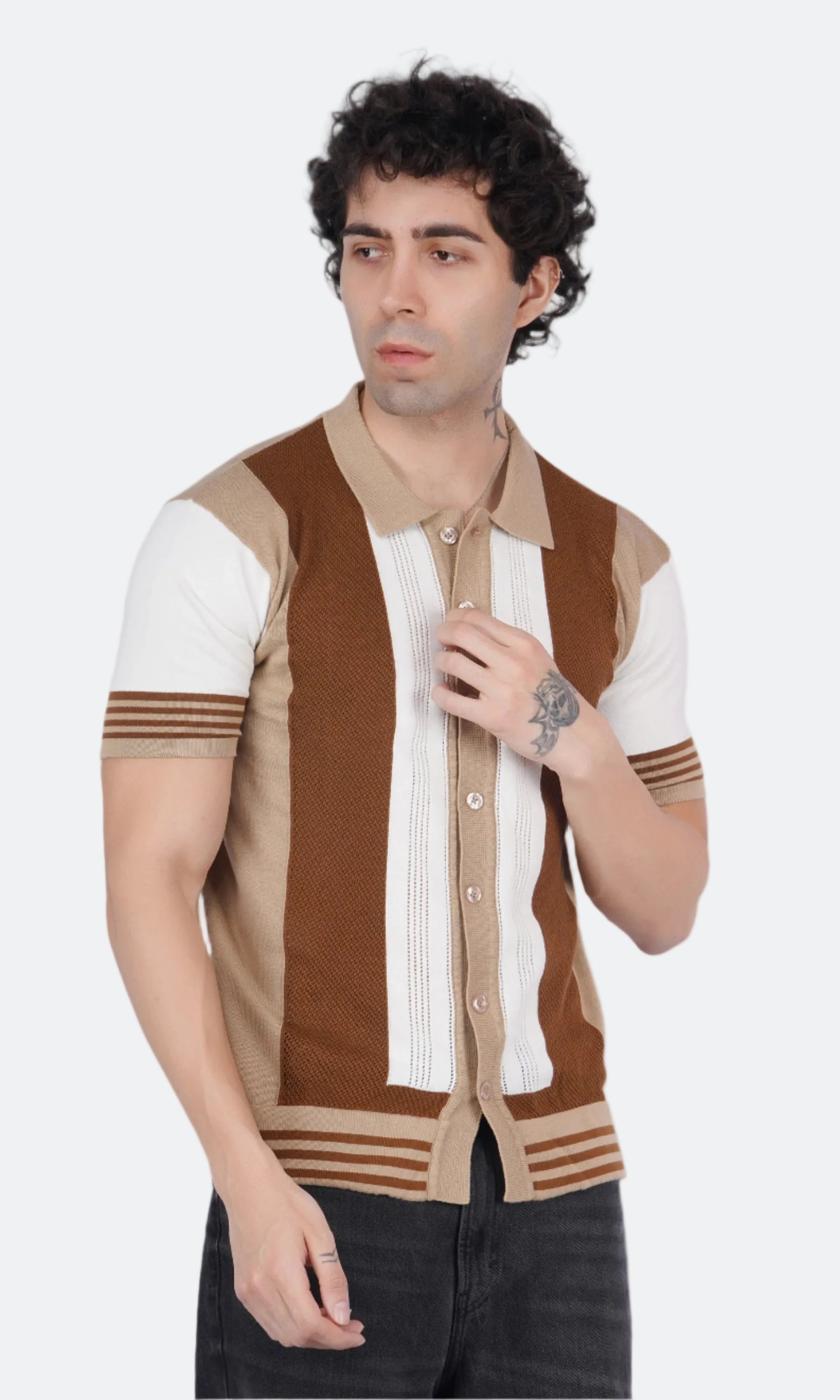 Beige and Brown Half Sleeve Knitted Shirt