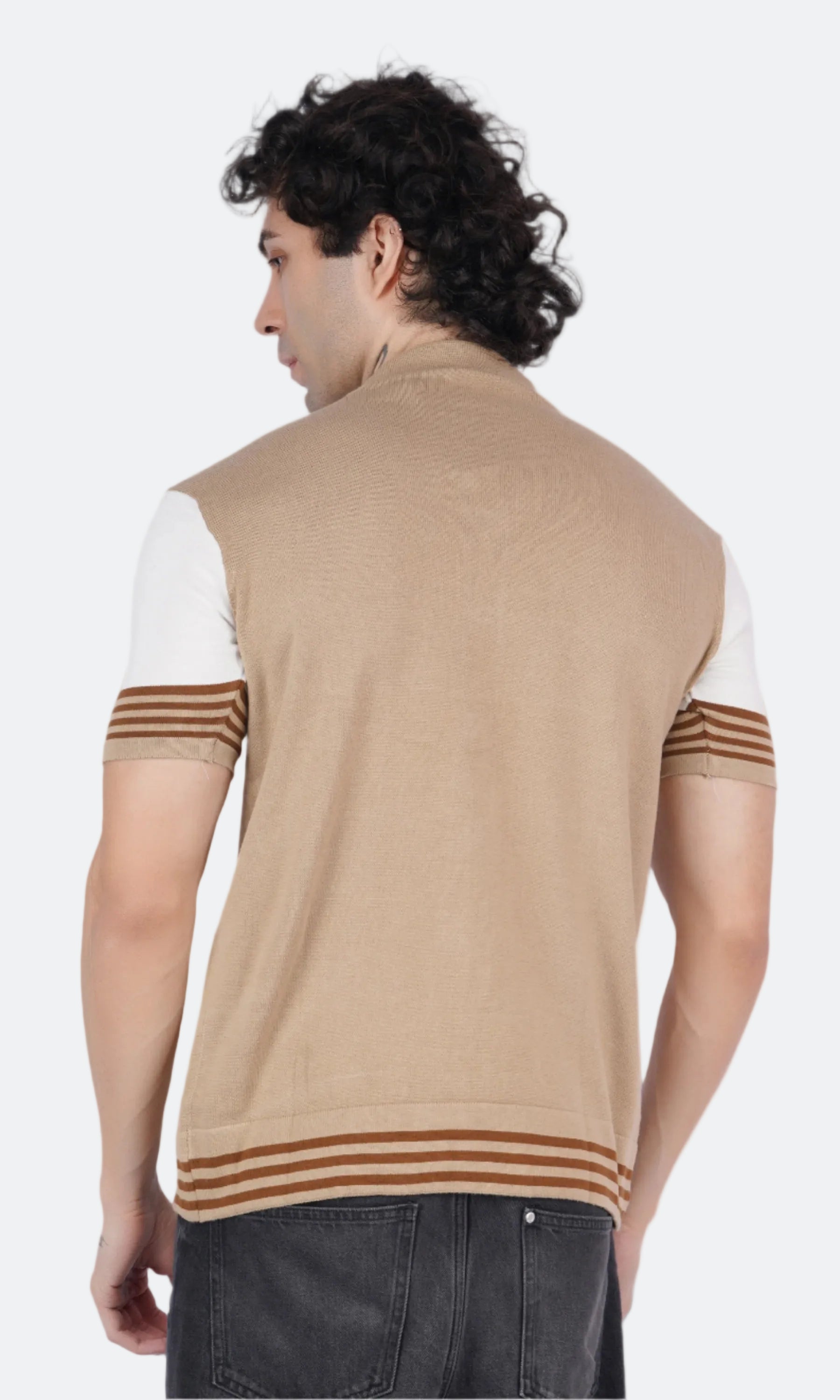 Beige and Brown Half Sleeve Knitted Shirt