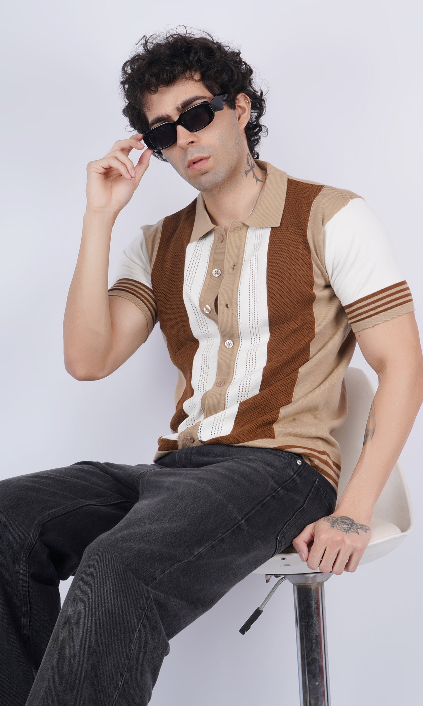 Beige and Brown Half Sleeve Knitted Shirt