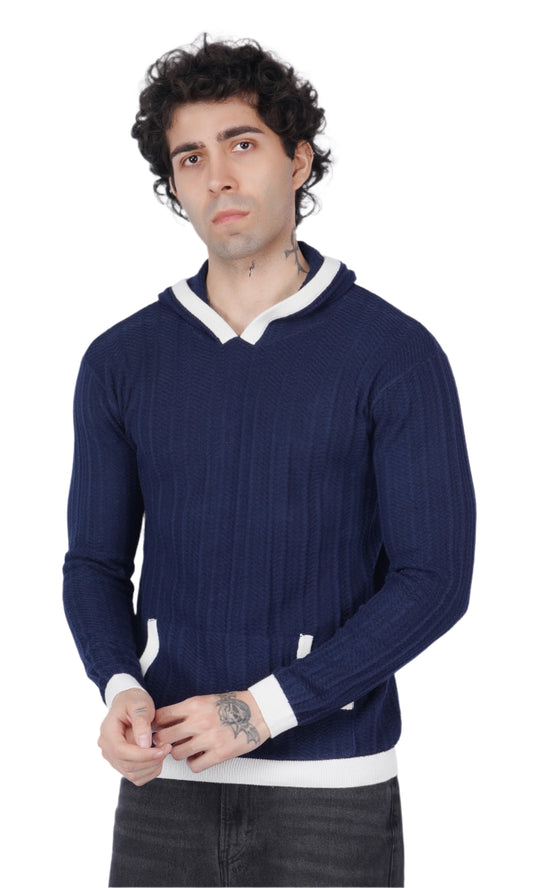 Navy Blue and White Knitted Hoodie