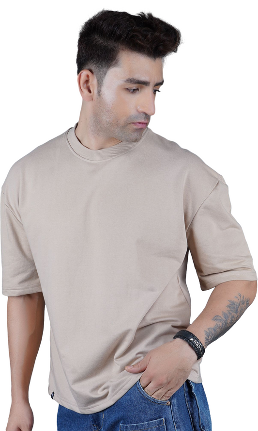 Beige Down Shoulder T-shirt