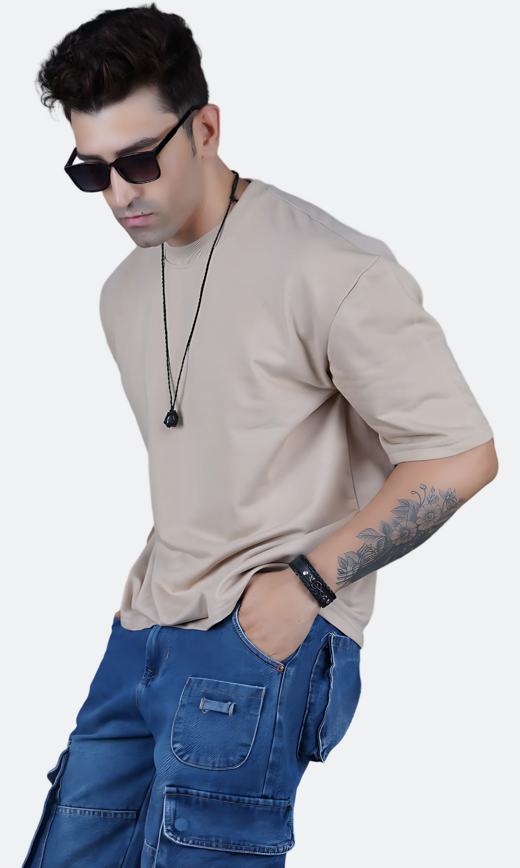 Beige Down Shoulder T-shirt