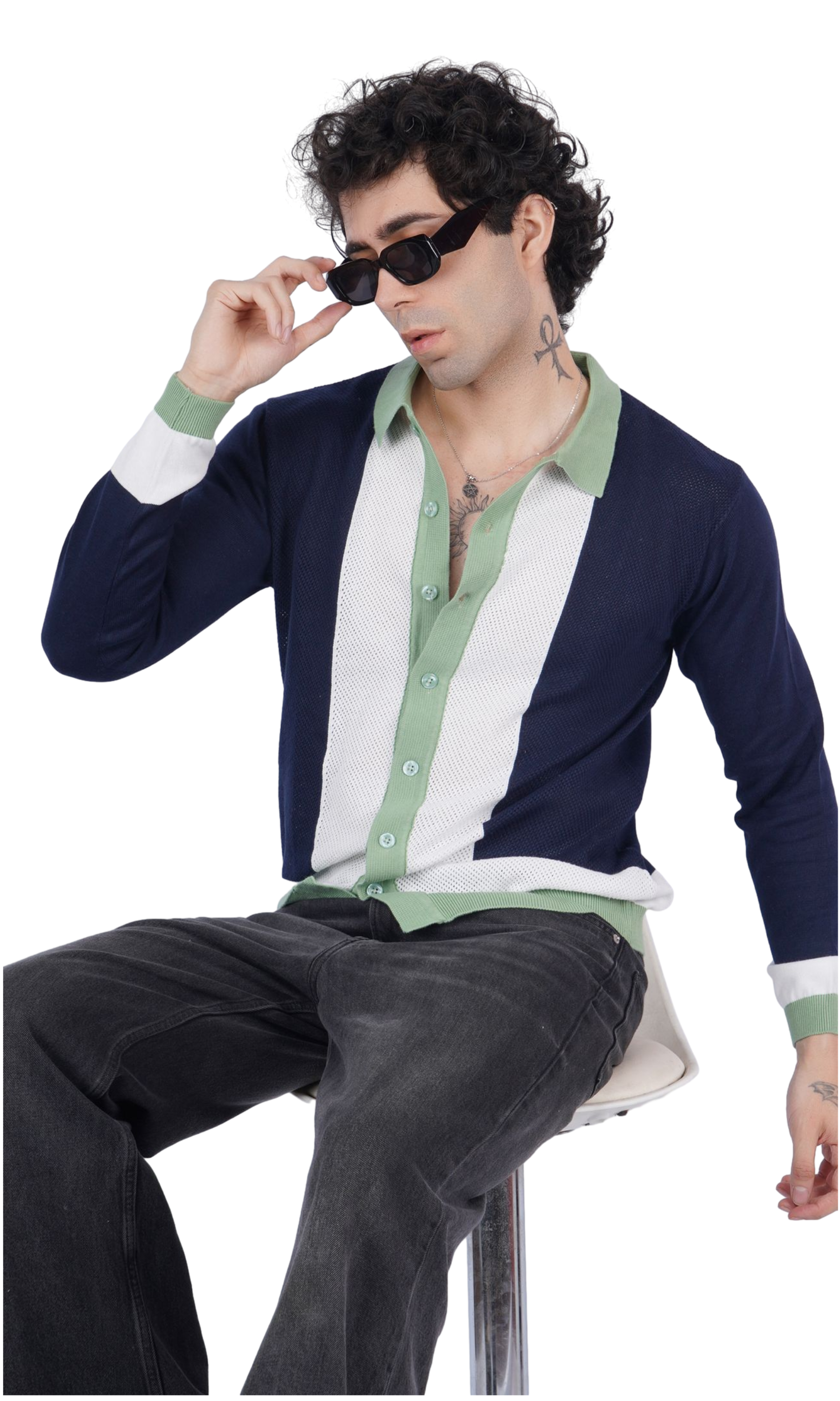 Navy Blue and White Knitted Shirt